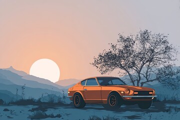 Orange car at sunset