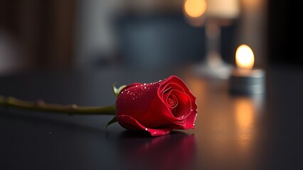 Single red rose with dewdrops on a sleek black surface, symbolizing minimalist romance.