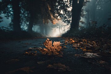 Autumnal path through a misty forest