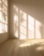Obraz premium An empty residential room with a modern interior design, plain walls, and a wooden floor, is bathed in natural sunlight that streams through a window, creating shadows and providing ample copy space