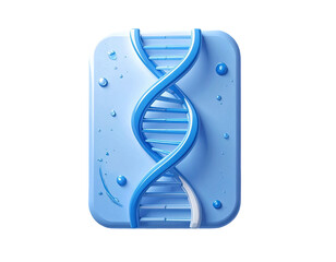Light-blue rectangular icon, 3D rendered, featuring a DNA double helix, with water droplets