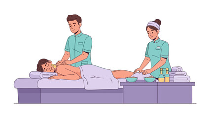Two professional therapists providing a relaxing full body massage treatment to a client lying on a massage table in a spa setting