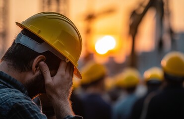 A man at a construction site, clad in a yellow safety helmet, embodies the struggles of a high-stress job, including the risks of mental health issues, exhaustion, and emotional distress