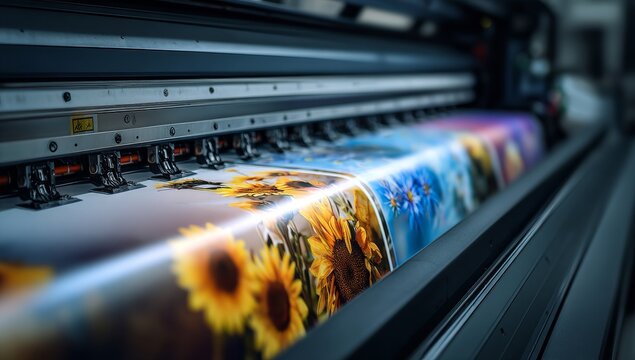 The modern printing process is exemplified by a large format digital inkjet printer as it prints a colorful floral design onto a paper roll, serving the needs of industrial tech, advertising, media