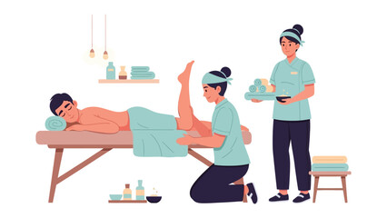 Professional massage therapist performing a leg massage on a relaxed client lying on a massage table with an assistant nearby