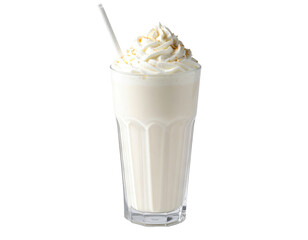Creamy, light-colored milkshake in tall glass with whipped topping
