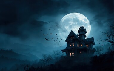 A large house with bats flying around it