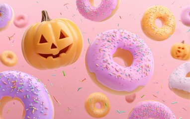 A close up of a donut with a pumpkin on top