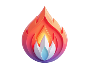 Fiery, stylized droplet icon; vibrant orange-red flames, cool blue/purple base