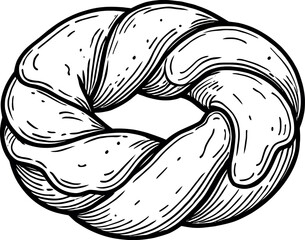 Detailed black and white illustration of a circular braided pastry ring, perfect for bakery or dessert themed designs. The image captures the texture and form of the pastry.