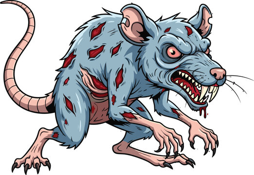 Menacing cartoon zombie rat illustration with glowing red eyes and sharp fangs, depicted in an aggressive monstrous pose
