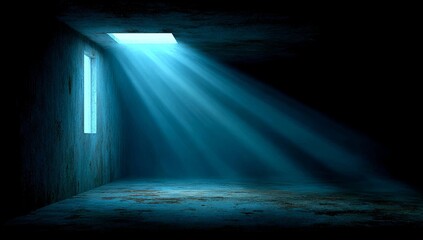 Obraz premium A desolate concrete space is bathed in an eerie blue glow, with vibrant rays streaming in through the window to craft a somber and enigmatic ambiance, evoking notions of hope, confinement,