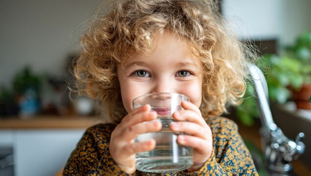 An appealing young girl fills a glass with water from the kitchen faucet, illustrating the concept of fresh filtered water as a healthy and clean beverage option, which is a key aspect of household