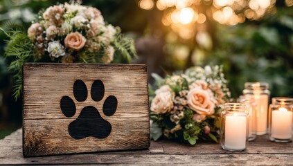 A wooden paw print memorial in a garden, adorned with flowers and candles, serves as a touching tribute to a lost pet, set against the stunning backdrop of a sunset