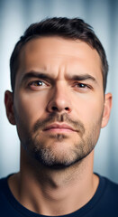 Obraz premium A close-up headshot of a serious man with a furrowed brow, looking intently and skeptically at the camera with a concerned expression.