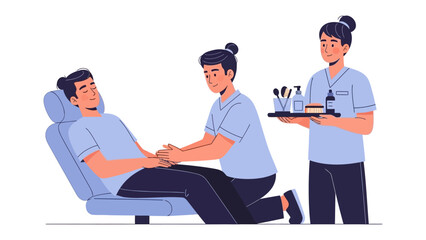 A relaxing spa treatment with a male client receiving a hand massage from a therapist while another therapist holds a tray of beauty products and tools