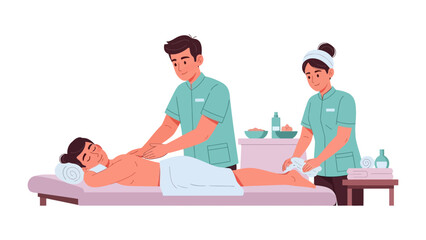 Two professional masseurs providing a relaxing full body massage treatment to a female client lying on a massage table in a spa