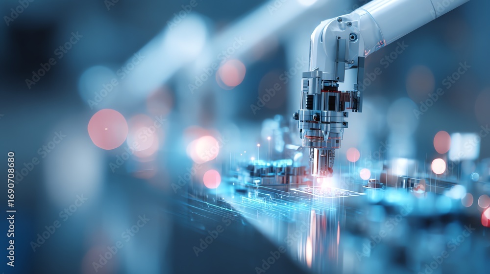 Poster a robotic arm meticulously works on a complex circuit board, illuminated by focused light, represent