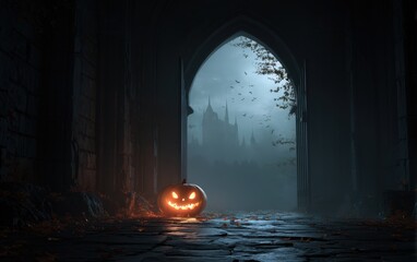 Fototapeta premium A pumpkin with a smiley face is sitting on the ground in front of a castle