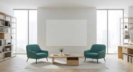 Modern Minimalist Living Room with Blue Armchairs and Natural Light