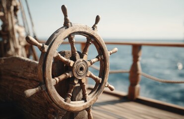 A traditional wooden ship's wheel is situated on a vessel navigating through the ocean, symbolizing nautical travel and adventure, as well as cruise and yacht experiences, with the wooden helm
