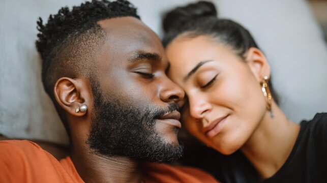 Cuddling multiracial couple sharing a tender moment indoors during a cozy evening together - Powered by Adobe