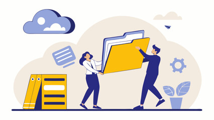 Teamwork Collaboration File Sharing Data Transfer Business Office Document Management Cloud Storage Workflow Project Partnership Cooperation Information Technology Digital Modern Graphic Design Illus.