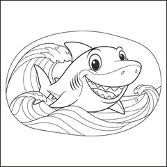 Happy Cartoon Shark Riding Ocean Waves - Fun Marine Life Outline for Coloring