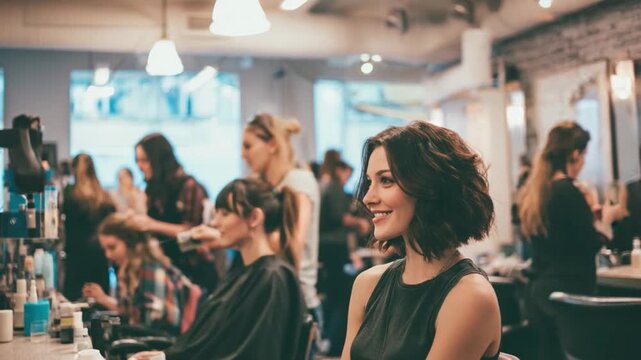 Salon Day Dreams: A client with a new hairstyle beams with happiness, surrounded by the buzz of activity within a modern, light-filled salon.