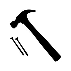 Black silhouette of a hammer and two nails on a white background