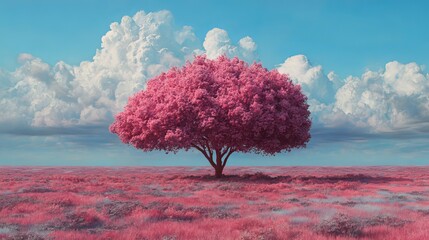 Vibrant pink tree stands tall in surreal landscape under dramatic sky