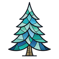 Teal and Blue Stained Glass Christmas Tree; Festive Winter Holiday Design Element; Modern Minimalist Style.