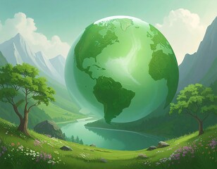 Lush landscape with a green globe
