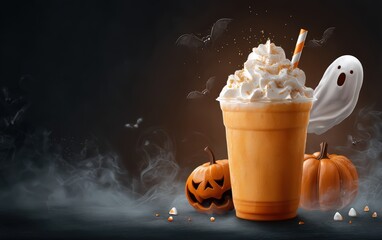 A cup of orange drink with a straw and a pumpkin on the table