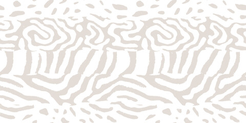 Animal print. Vector seamless pattern. Subtle white and beige background with mixed abstract wildlife fur, spots, stripes, organic shapes. Leopard, zebra, tiger, reptile skin texture. Allover design