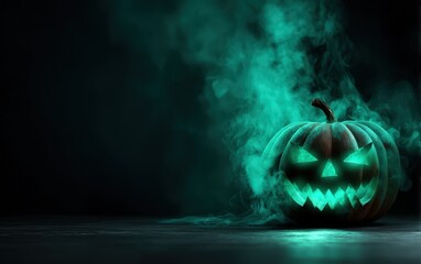 A glowing pumpkin with a scary face is on a table