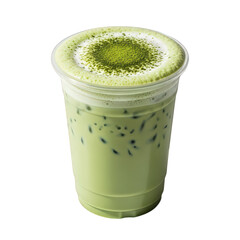 Iced matcha latte with boba pearls in clear cup, isolated on transparent background