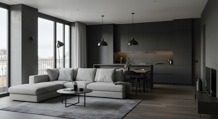 Modern Minimalist Living Room with Grey Sofa and Black Pendant Lights in Bright Open Space