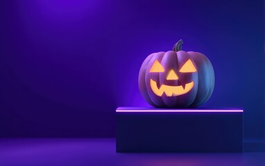 A pumpkin with a light on it is on a table