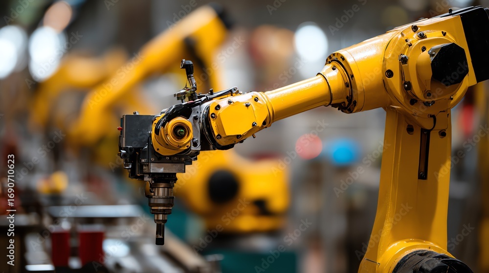 Poster a vibrant yellow robotic arm extends purposefully within a modern industrial setting, showcasing the