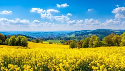 Obraz premium The countryside offers a stunning scenic view of autumnal farmland, where a yellow mustard field and bright yellow canola blooms thrive under a blue sky, bordered by a forest with trees that don a