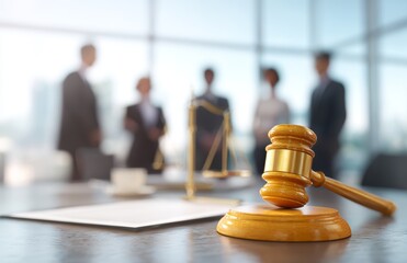 In a modern office, the discussion among lawyers revolves around contracts and legal documents, with the gavel and scales of justice embodying the legal system, and business people are diligent in