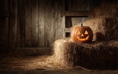 A pumpkin with a scary face is sitting on a hay bale