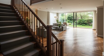 Obraz premium Modern Luxury Home Interior with Staircase, Living Room, and Garden View png clear alpha channel cutout isolated on transparent background