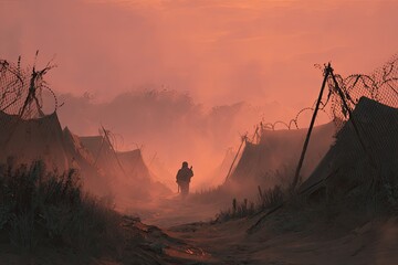 Desolate encampment at sunset