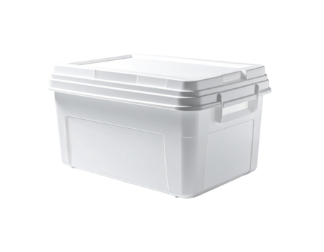 A white, rectangular, plastic cooler with a hinged lid and handles