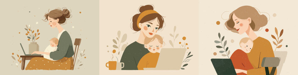 A mother sits in a comfortable chair, working on her laptop while holding her baby. The room is bright and decorated with plants, creating a warm, nurturing atmosphere.