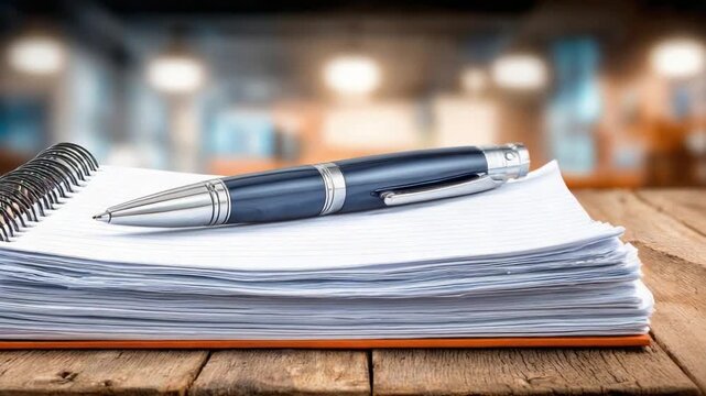 Pen and Notebook: A detailed capture of a spiral-bound notebook and a sleek pen rest gently atop a wooden surface, providing a sense of productivity, education and the act of creating ideas.