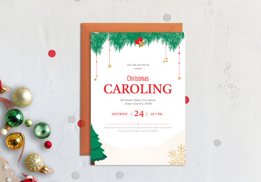 Elegant Christmas Caroling Invitation with Pine Branches and Bells