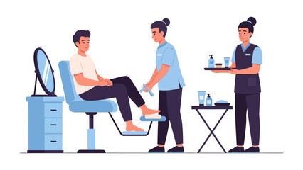 Professional barber giving a pedicure to a male client in a modern salon setting with tools and products